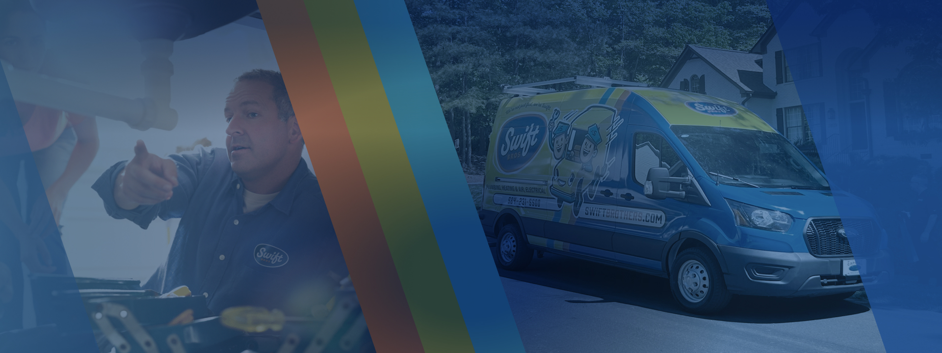 Banner graphic featuring a man beside rainbow stripes and a blue van on a city street.