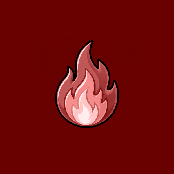 Stylized pink and red flame icon on a dark red background.