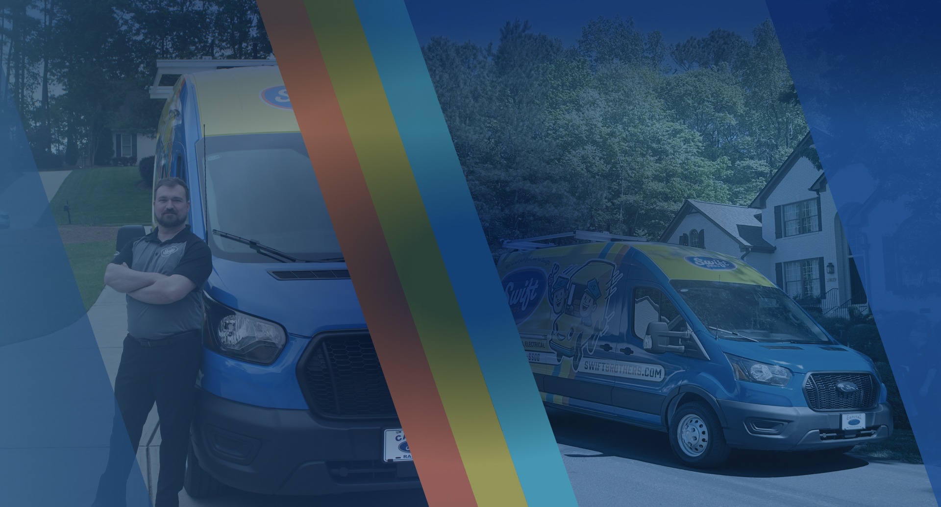 Blue-tinted car dealership banner with two vehicles, a woman, and diagonal rainbow stripes.