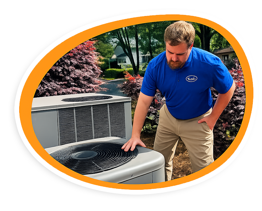 Man in a blue shirt examines a gray outdoor unit in a landscaped yard.